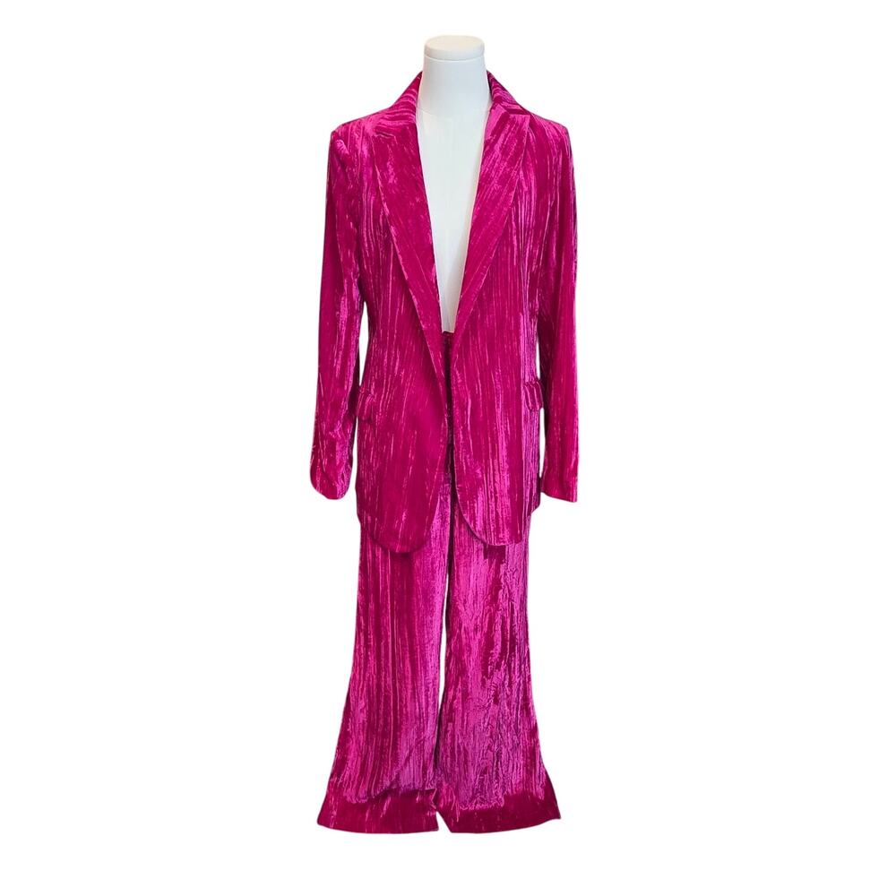 Womens NWT Nasty Gal Crush Hot Pink Velvet Suit Set Blazer US 4, Pants US 6
